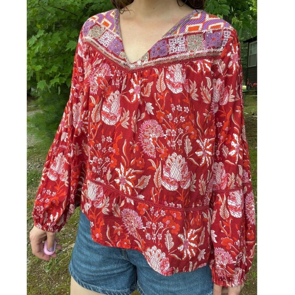 NWT Rachel Zoe Boho Red Floral Embroidered Peasant Blouse Top XS Oversized Flowy